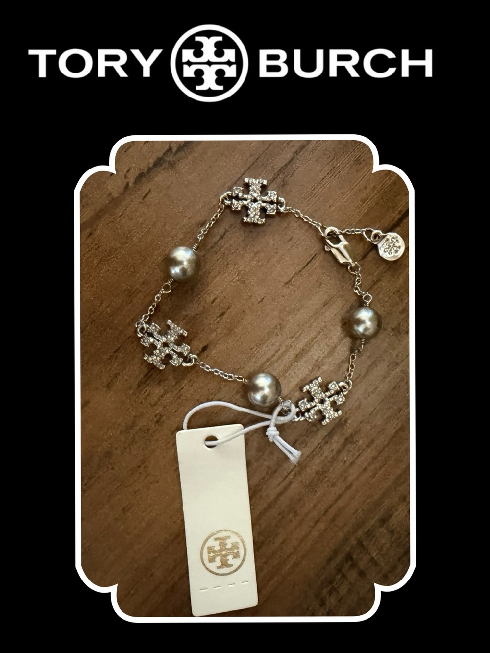 Tory Burch Kira Pearl and Pavé Logo Bracelet..